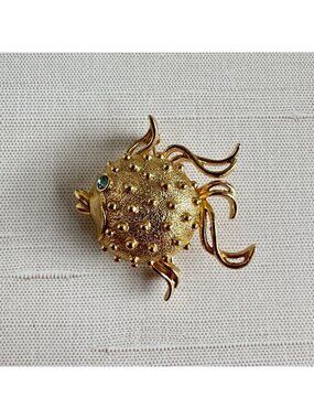 1960s Gold Puffer Fish Perfume Locket Brooch, Aqua Rhinestone Eye, Opens to Scen